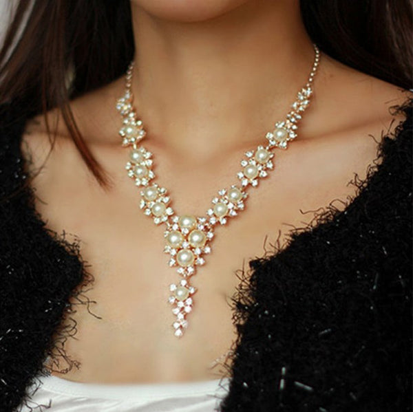 Simulated Pearl Chain Rhinestone Necklace
